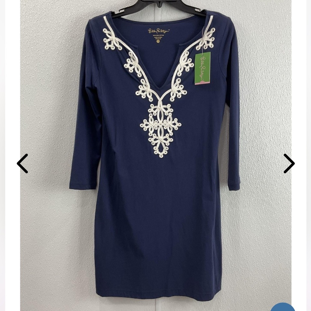 NWT Lilly Pulitzer Marina Dress 3/4 Sleeves Embroidered Neckline Navy Women XS